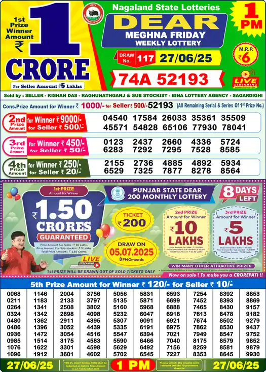 Lottery Sambad 1 PM result 27 Jun 2025