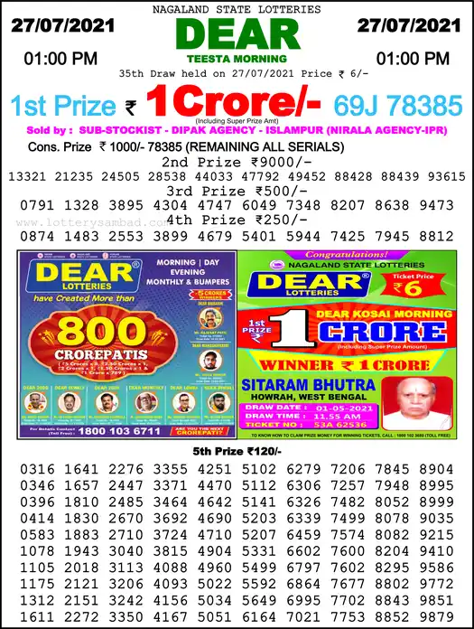 Lottery Sambad 1 PM result 27 Jul 2021
