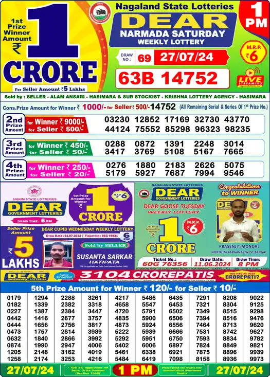 Lottery Sambad 1 PM result 27 Jul 2024