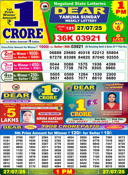Lottery Sambad 1 PM result 27 Jul 2025