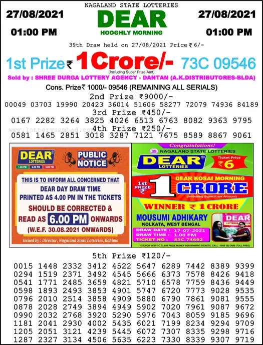 Lottery Sambad 1 PM result 27 Aug 2021