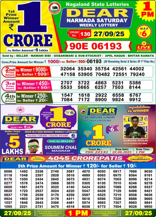 Lottery Sambad 1 PM result 27 Sep 2025