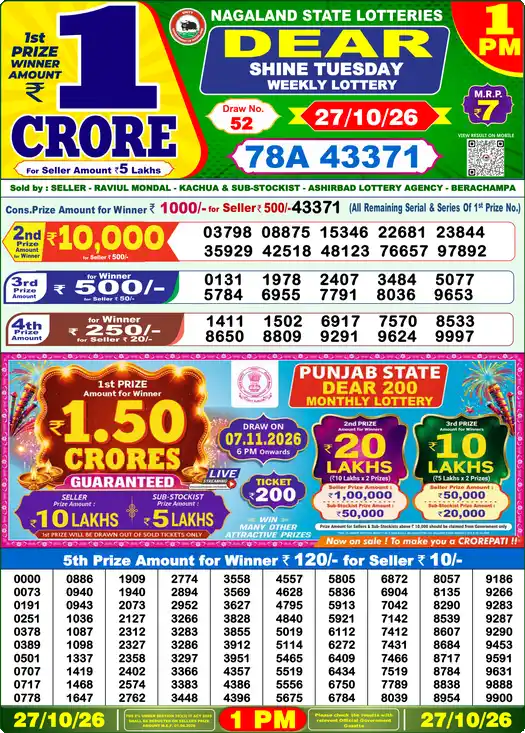 Lottery Sambad Today 1:00 PM Result 27 October 2026