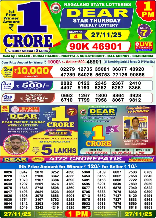 Lottery Sambad 1 PM result 27 Nov 2025