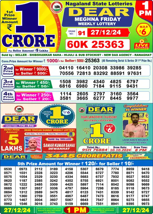 Lottery Sambad 1 PM result 27 Dec 2024