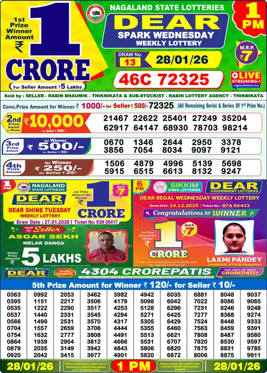 Lottery Sambad 1 PM result 28 Jan 2026