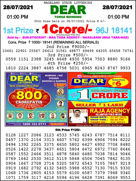 Lottery Sambad 1 PM result 28 Jul 2021