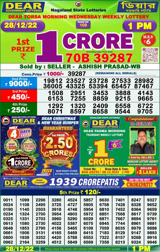 Lottery Sambad 1 PM result 28 Dec 2022