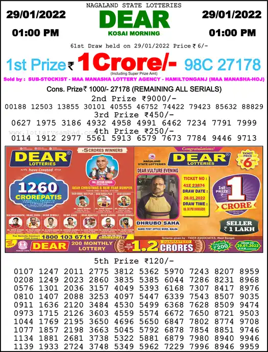 Lottery Sambad 1 PM result 29 Jan 2022