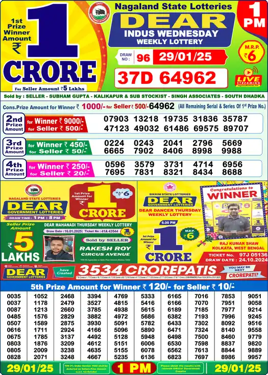 Lottery Sambad 1 PM result 29 Jan 2025
