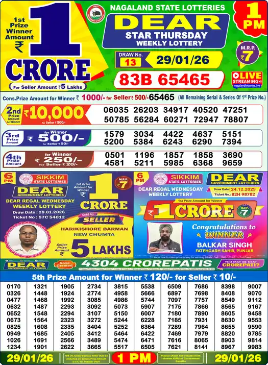 Lottery Sambad 1 PM result 29 Jan 2026
