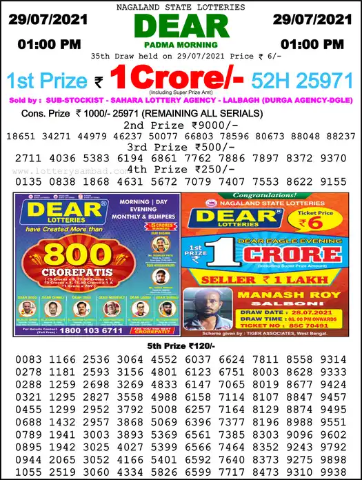 Lottery Sambad 1 PM result 29 Jul 2021