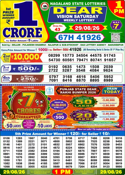 Lottery Sambad 1 PM result 29 Aug 2026