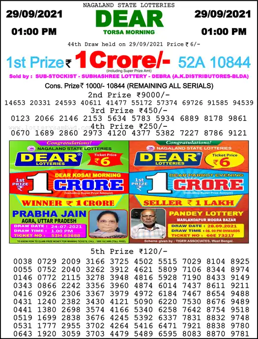 Lottery Sambad 1 PM result 29 Sep 2021