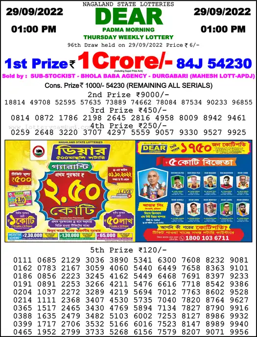 Lottery Sambad 1 PM result 29 Sep 2022