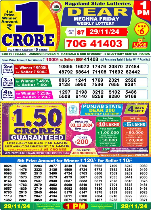 Lottery Sambad 1 PM result 29 Nov 2024