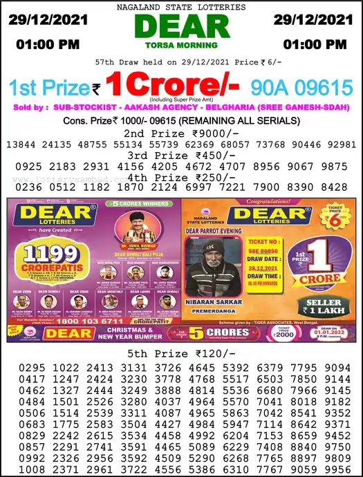 Lottery Sambad 1 PM result 29 Dec 2021