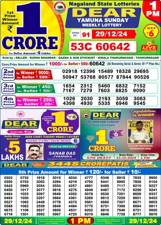 Lottery Sambad 1 PM result 29 Dec 2024