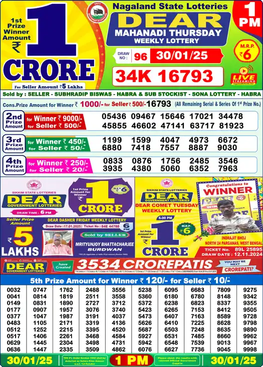 Lottery Sambad 1 PM result 30 Jan 2025
