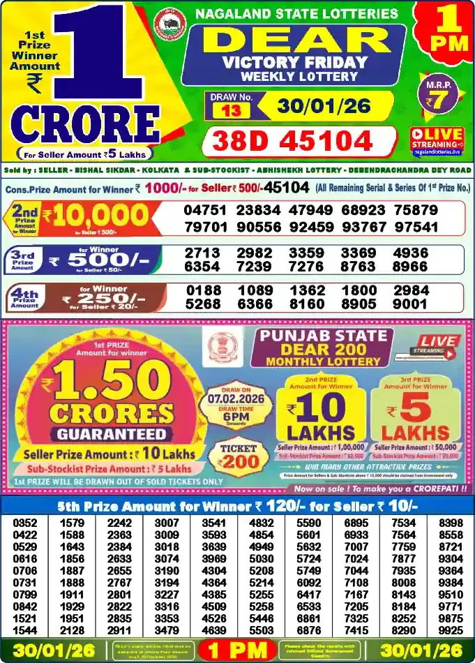 Lottery Sambad 1 PM result 30 Jan 2026