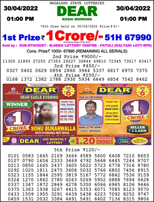 Lottery Sambad 1 PM result 30 Apr 2022