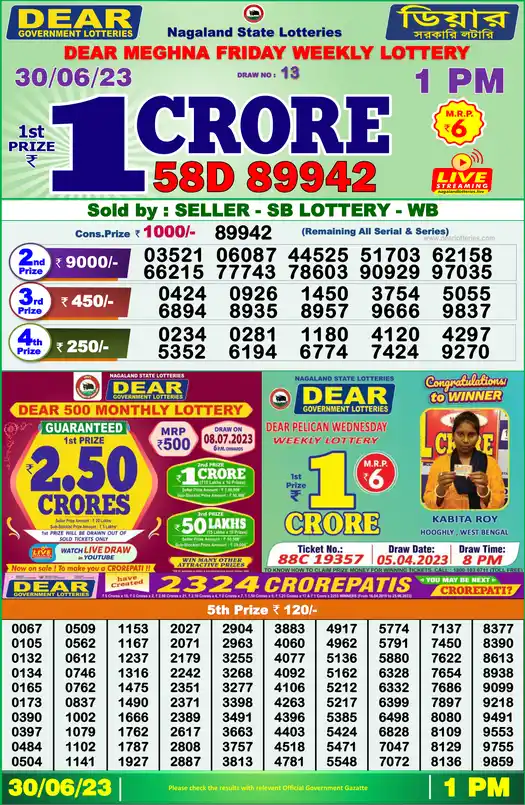Lottery Sambad 1 PM result 30 Jun 2023