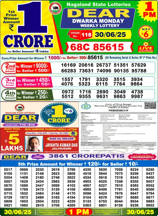 Lottery Sambad 1 PM result 30 Jun 2025