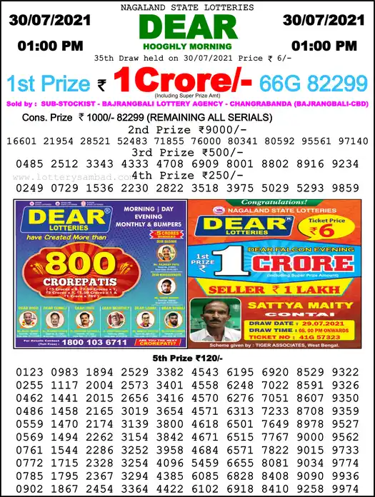 Lottery Sambad 1 PM result 30 Jul 2021