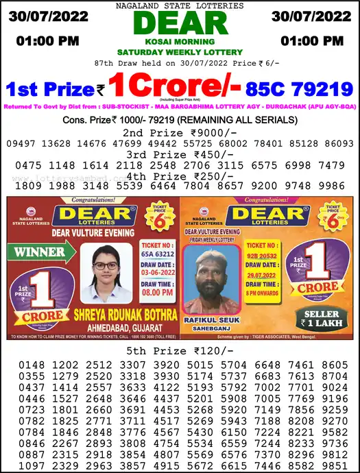 Lottery Sambad 1 PM result 30 Jul 2022