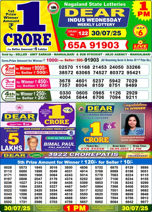 Lottery Sambad 1 PM result 30 Jul 2025