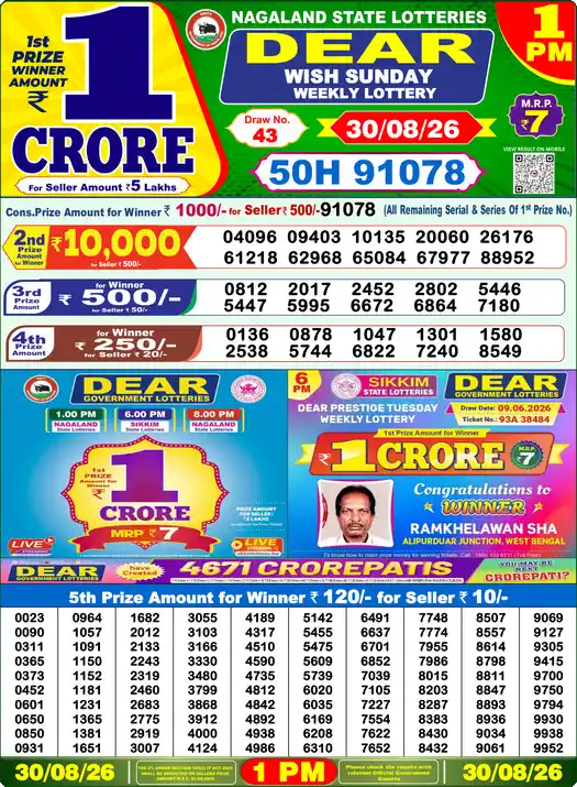 Lottery Sambad 1 PM result 30 Aug 2026