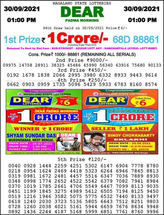 Lottery Sambad 1 PM result 30 Sep 2021