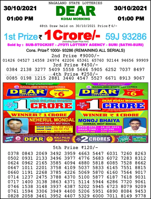 Lottery Sambad 1 PM result 30 Oct 2021