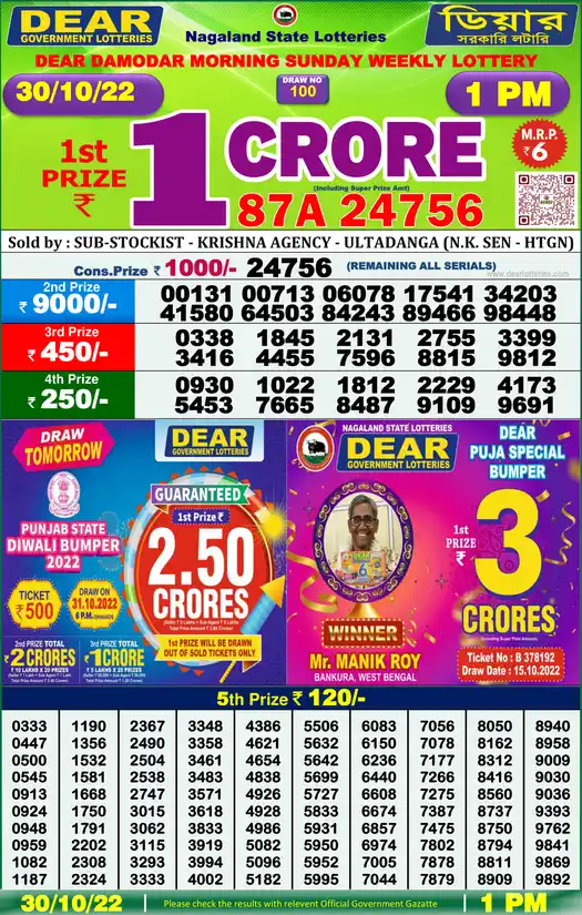 Lottery Sambad 1 PM result 30 Oct 2022