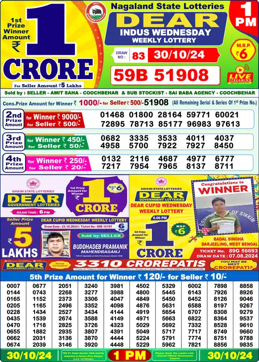 Lottery Sambad 1 PM result 30 Oct 2024