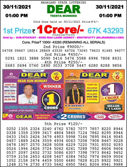 Lottery Sambad 1 PM result 30 Nov 2021