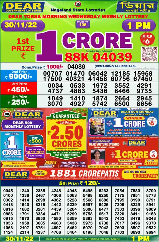 Lottery Sambad 1 PM result 30 Nov 2022