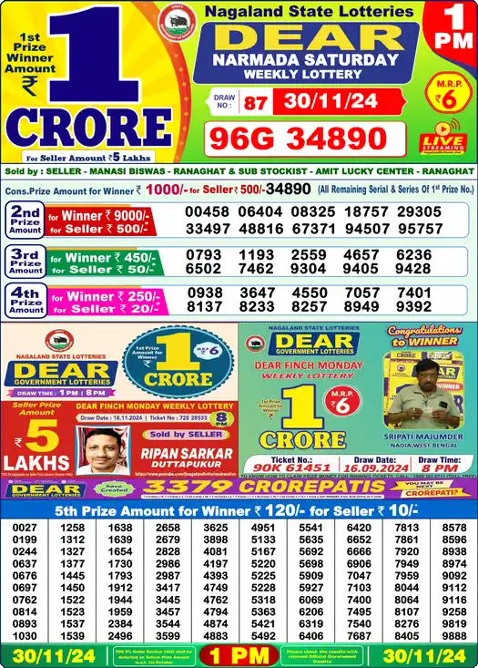 Lottery Sambad 1 PM result 30 Nov 2024
