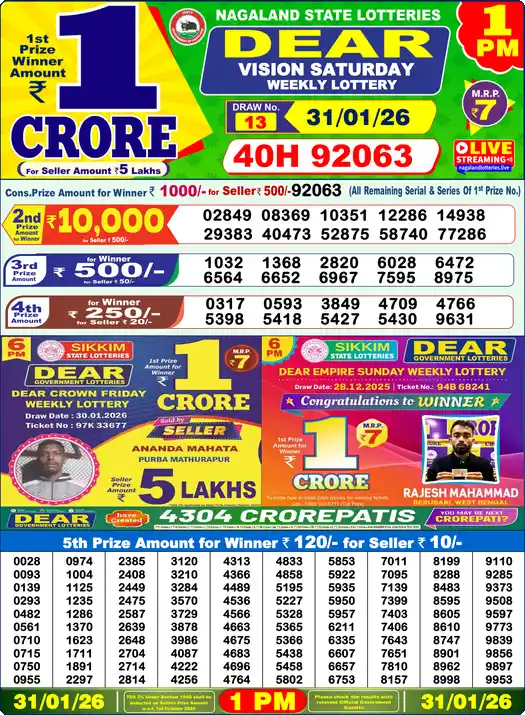 Lottery Sambad 1 PM result 31 Jan 2026