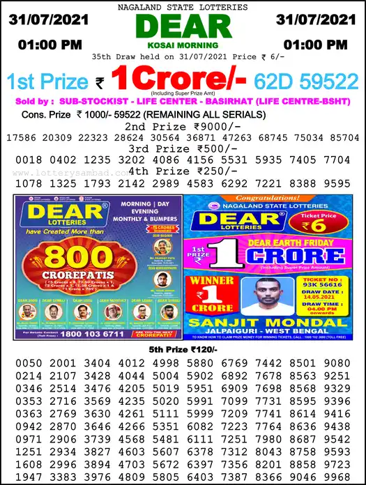 Lottery Sambad 1 PM result 31 Jul 2021