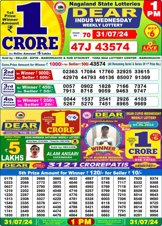 Lottery Sambad 1 PM result 31 Jul 2024