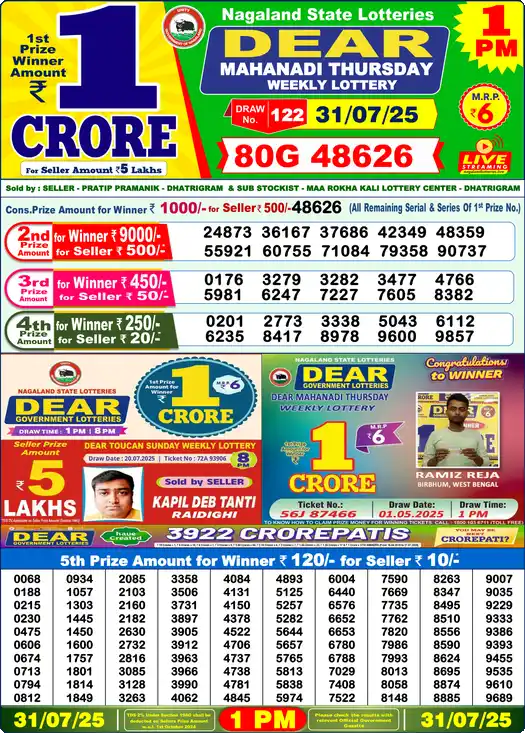 Lottery Sambad 1 PM result 31 Jul 2025