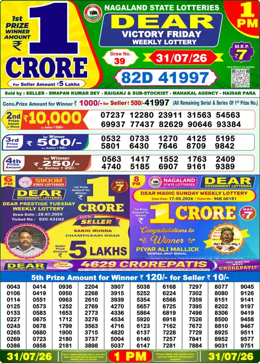 Lottery Sambad 1 PM result 31 Jul 2026