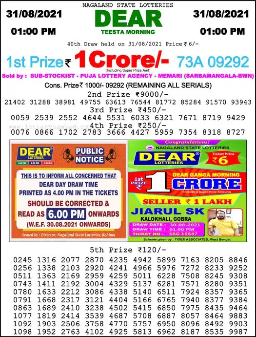 Lottery Sambad 1 PM result 31 Aug 2021