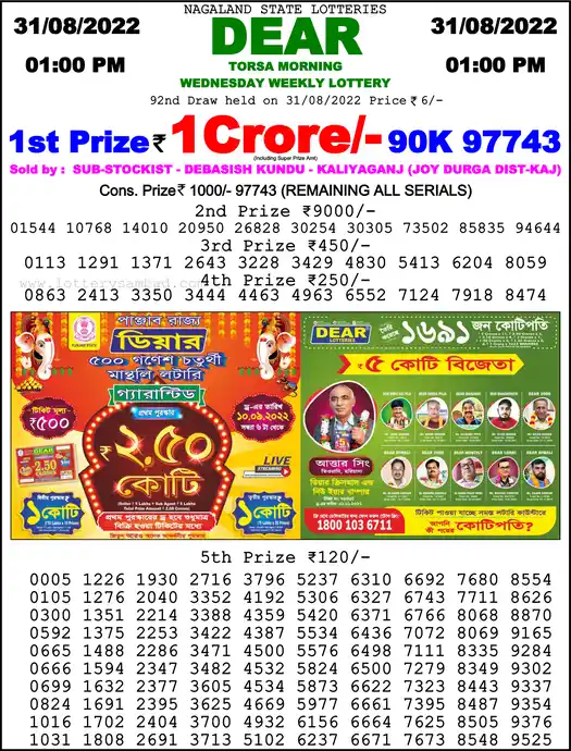 Lottery Sambad 1 PM result 31 Aug 2022