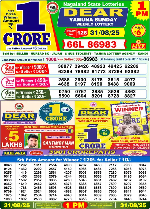 Lottery Sambad 1 PM result 31 Aug 2025