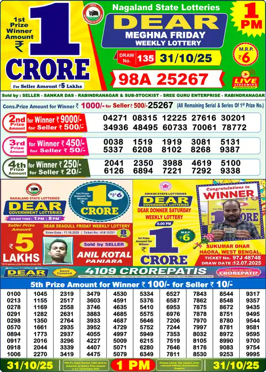 Lottery Sambad 1 PM result 31 Oct 2025