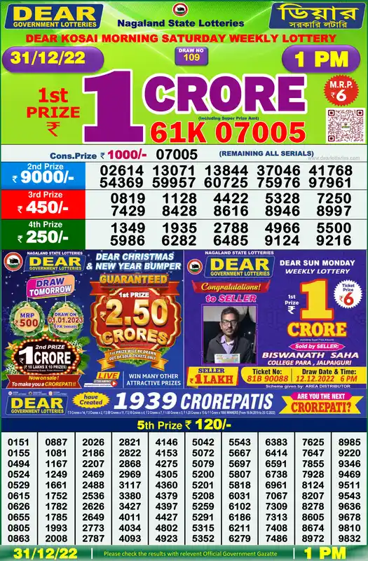 Lottery Sambad 1 PM result 31 Dec 2022
