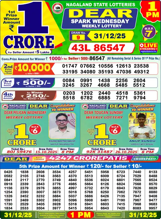 Lottery Sambad 1 PM result 31 Dec 2025