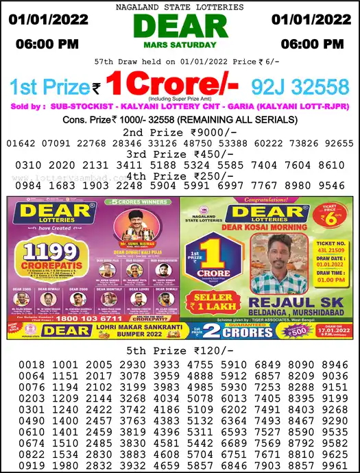Lottery Sambad 6 PM result 01 Jan 2022